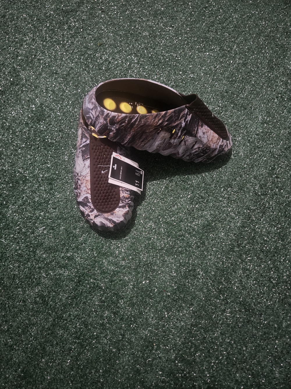 Nike Men’s Slip-On Clog in Camouflage Brown and Gray with Yellow Accents